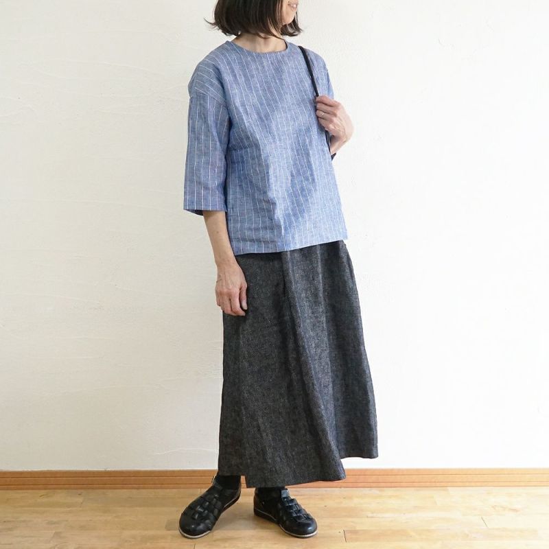 Branch m‘.,ブランチエム,ナチュラル,30代,40代,50代,60代,リネン,ゆったり,blouse,ブラウス,プルオーバー,リネンブラウス,リネンプルオーバー,ストライプブラウス,ストライプ,リネンストライプ,7分袖,7分袖ブラウス,