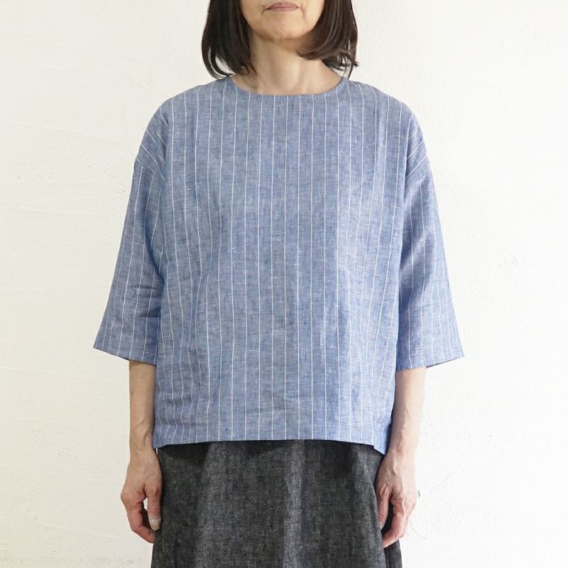 Branch m‘.,ブランチエム,ナチュラル,30代,40代,50代,60代,リネン,ゆったり,blouse,ブラウス,プルオーバー,リネンブラウス,リネンプルオーバー,ストライプブラウス,ストライプ,リネンストライプ,7分袖,7分袖ブラウス,