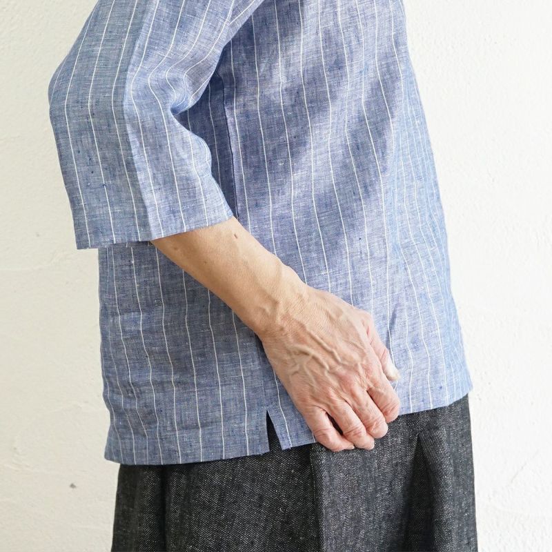 Branch m‘.,ブランチエム,ナチュラル,30代,40代,50代,60代,リネン,ゆったり,blouse,ブラウス,プルオーバー,リネンブラウス,リネンプルオーバー,ストライプブラウス,ストライプ,リネンストライプ,7分袖,7分袖ブラウス,