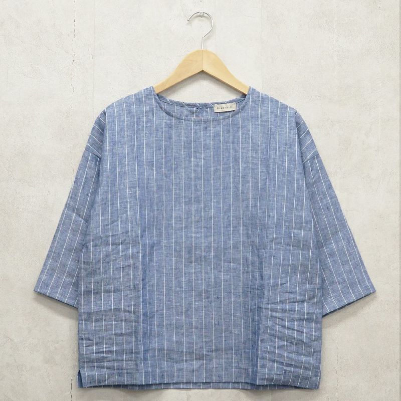 Branch m‘.,ブランチエム,ナチュラル,30代,40代,50代,60代,リネン,ゆったり,blouse,ブラウス,プルオーバー,リネンブラウス,リネンプルオーバー,ストライプブラウス,ストライプ,リネンストライプ,7分袖,7分袖ブラウス,
