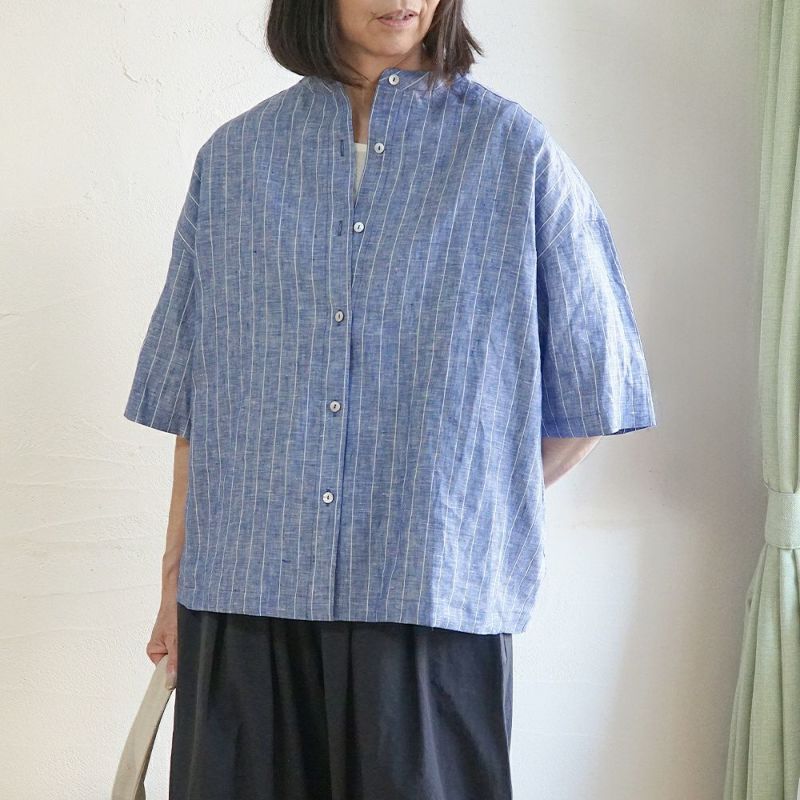 Branch m‘.,ブランチエム,ナチュラル,30代,40代,50代,60代,リネン,ゆったり,blouse,ブラウス,シャツ,リネンブラウス,リネンシャツ,ストライプブラウス,ストライプ,リネンストライプ,5分袖,5分袖ブラウス,５分袖シャツ,バンドカラー