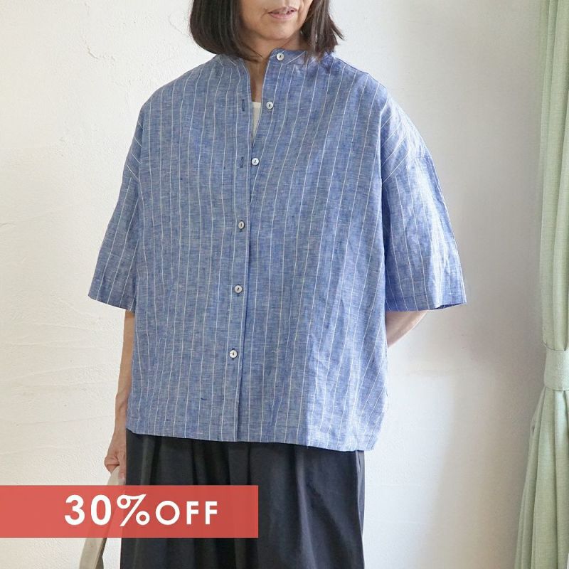 Branch m‘.,ブランチエム,ナチュラル,30代,40代,50代,60代,リネン,ゆったり,blouse,ブラウス,シャツ,リネンブラウス,リネンシャツ,ストライプブラウス,ストライプ,リネンストライプ,5分袖,5分袖ブラウス,５分袖シャツ,バンドカラー