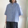 Branch m‘.,ブランチエム,ナチュラル,30代,40代,50代,60代,リネン,ゆったり,blouse,ブラウス,シャツ,リネンブラウス,リネンシャツ,ストライプブラウス,ストライプ,リネンストライプ,5分袖,5分袖ブラウス,５分袖シャツ,バンドカラー