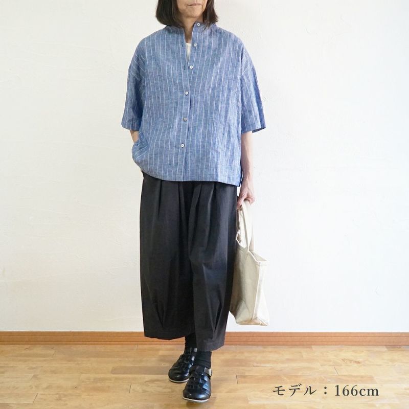 Branch m‘.,ブランチエム,ナチュラル,30代,40代,50代,60代,リネン,ゆったり,blouse,ブラウス,シャツ,リネンブラウス,リネンシャツ,ストライプブラウス,ストライプ,リネンストライプ,5分袖,5分袖ブラウス,５分袖シャツ,バンドカラー