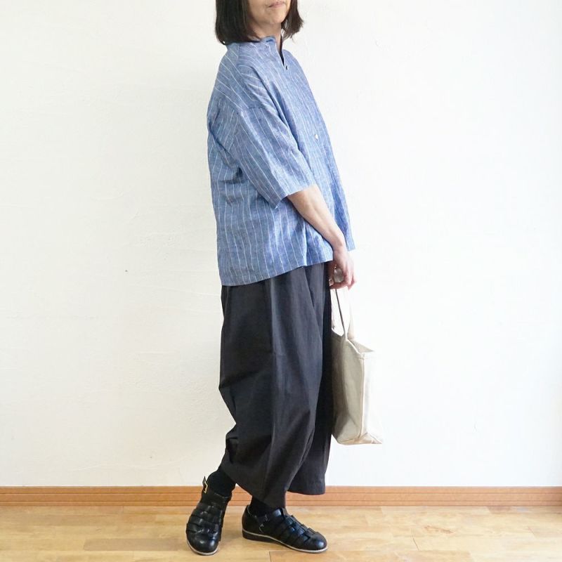 Branch m‘.,ブランチエム,ナチュラル,30代,40代,50代,60代,リネン,ゆったり,blouse,ブラウス,シャツ,リネンブラウス,リネンシャツ,ストライプブラウス,ストライプ,リネンストライプ,5分袖,5分袖ブラウス,５分袖シャツ,バンドカラー