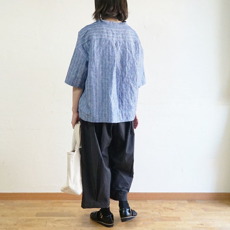 Branch m‘.,ブランチエム,ナチュラル,30代,40代,50代,60代,リネン,ゆったり,blouse,ブラウス,シャツ,リネンブラウス,リネンシャツ,ストライプブラウス,ストライプ,リネンストライプ,5分袖,5分袖ブラウス,５分袖シャツ,バンドカラー