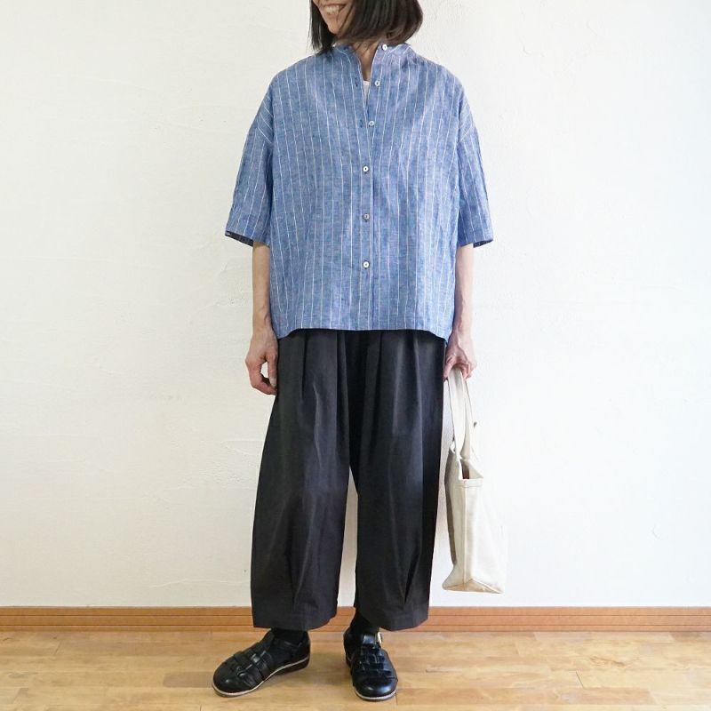 Branch m‘.,ブランチエム,ナチュラル,30代,40代,50代,60代,リネン,ゆったり,blouse,ブラウス,シャツ,リネンブラウス,リネンシャツ,ストライプブラウス,ストライプ,リネンストライプ,5分袖,5分袖ブラウス,５分袖シャツ,バンドカラー