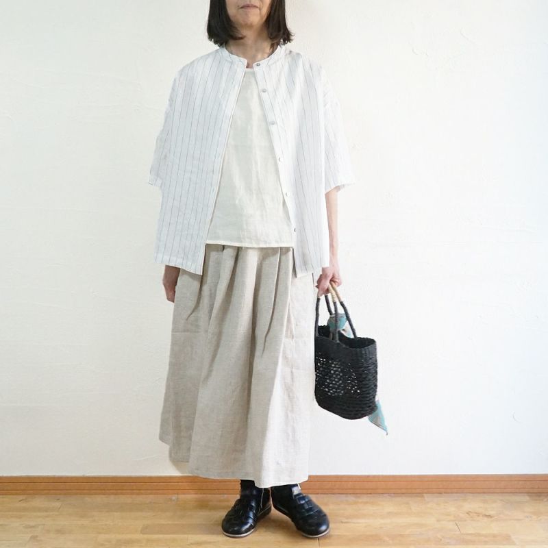 Branch m‘.,ブランチエム,ナチュラル,30代,40代,50代,60代,リネン,ゆったり,blouse,ブラウス,シャツ,リネンブラウス,リネンシャツ,ストライプブラウス,ストライプ,リネンストライプ,5分袖,5分袖ブラウス,５分袖シャツ,バンドカラー