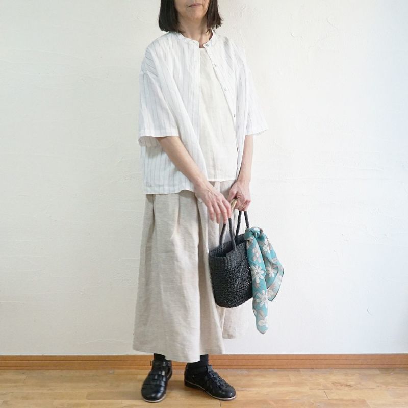 Branch m‘.,ブランチエム,ナチュラル,30代,40代,50代,60代,リネン,ゆったり,blouse,ブラウス,シャツ,リネンブラウス,リネンシャツ,ストライプブラウス,ストライプ,リネンストライプ,5分袖,5分袖ブラウス,５分袖シャツ,バンドカラー