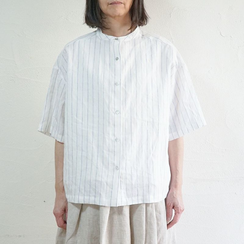 Branch m‘.,ブランチエム,ナチュラル,30代,40代,50代,60代,リネン,ゆったり,blouse,ブラウス,シャツ,リネンブラウス,リネンシャツ,ストライプブラウス,ストライプ,リネンストライプ,5分袖,5分袖ブラウス,５分袖シャツ,バンドカラー