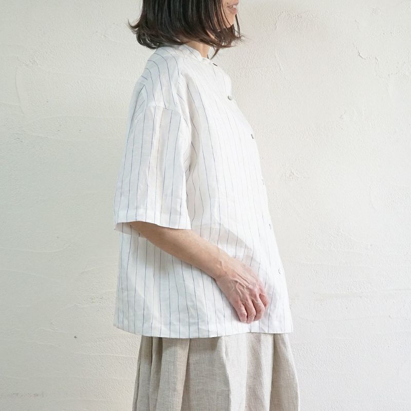 Branch m‘.,ブランチエム,ナチュラル,30代,40代,50代,60代,リネン,ゆったり,blouse,ブラウス,シャツ,リネンブラウス,リネンシャツ,ストライプブラウス,ストライプ,リネンストライプ,5分袖,5分袖ブラウス,５分袖シャツ,バンドカラー