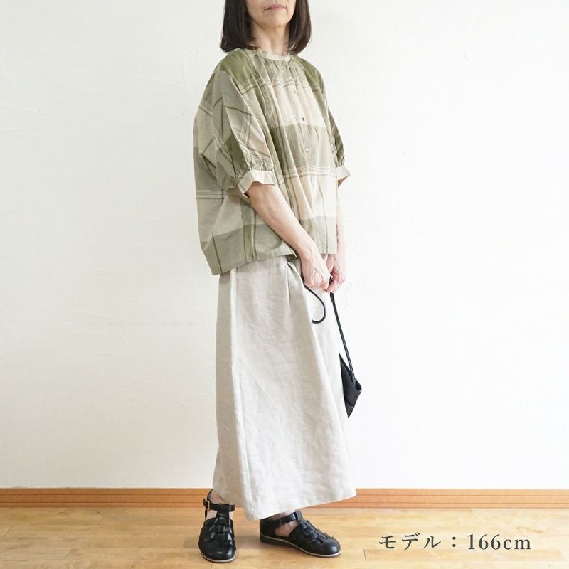 Branch m‘.,ブランチエム,ナチュラル,30代,40代,50代,60代,リネン,ゆったり,blouse,ブラウス,半袖,チェック,チェック柄,チェック柄ブラウス,コットンリネン,コットンリネンブラウス,ドルマン,ドルマンブラウス