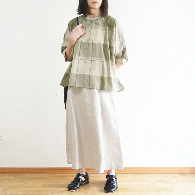 Branch m‘.,ブランチエム,ナチュラル,30代,40代,50代,60代,リネン,ゆったり,blouse,ブラウス,半袖,チェック,チェック柄,チェック柄ブラウス,コットンリネン,コットンリネンブラウス,ドルマン,ドルマンブラウス