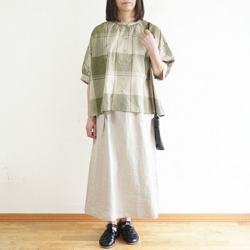 Branch m‘.,ブランチエム,ナチュラル,30代,40代,50代,60代,リネン,ゆったり,blouse,ブラウス,半袖,チェック,チェック柄,チェック柄ブラウス,コットンリネン,コットンリネンブラウス,ドルマン,ドルマンブラウス