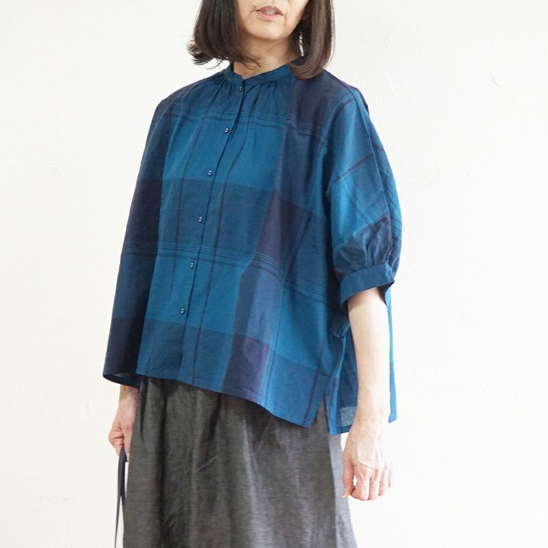 Branch m‘.,ブランチエム,ナチュラル,30代,40代,50代,60代,リネン,ゆったり,blouse,ブラウス,半袖,チェック,チェック柄,チェック柄ブラウス,コットンリネン,コットンリネンブラウス,ドルマン,ドルマンブラウス