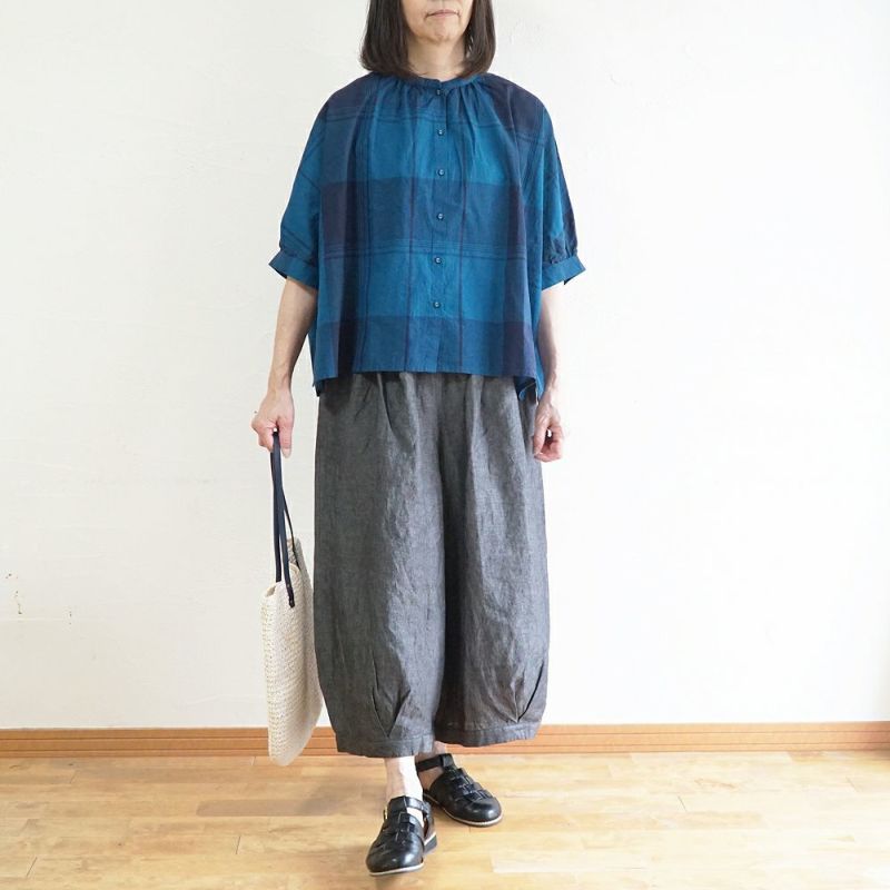 Branch m‘.,ブランチエム,ナチュラル,30代,40代,50代,60代,リネン,ゆったり,blouse,ブラウス,半袖,チェック,チェック柄,チェック柄ブラウス,コットンリネン,コットンリネンブラウス,ドルマン,ドルマンブラウス