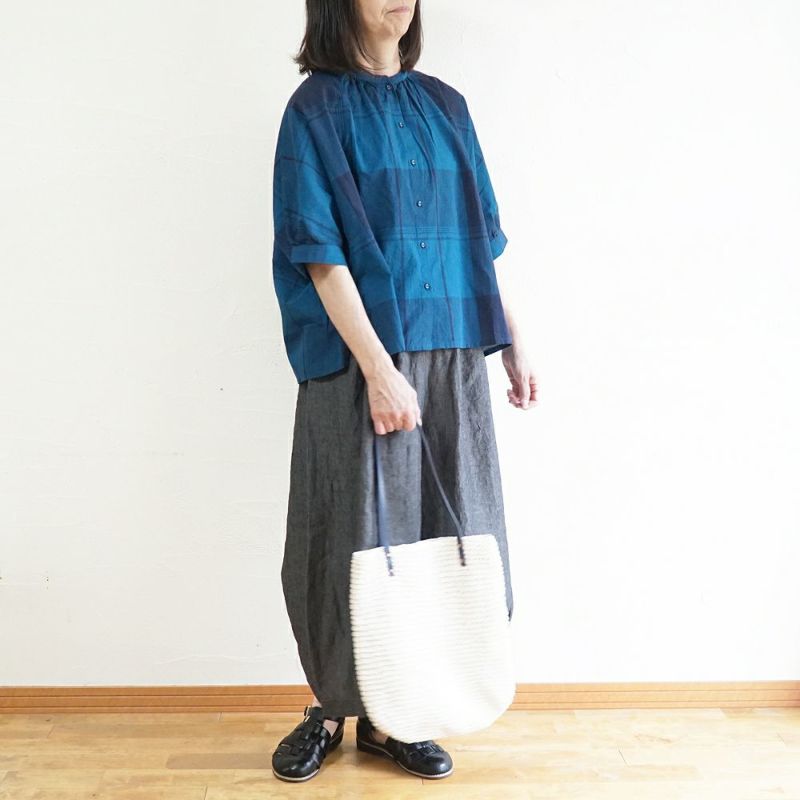 Branch m‘.,ブランチエム,ナチュラル,30代,40代,50代,60代,リネン,ゆったり,blouse,ブラウス,半袖,チェック,チェック柄,チェック柄ブラウス,コットンリネン,コットンリネンブラウス,ドルマン,ドルマンブラウス