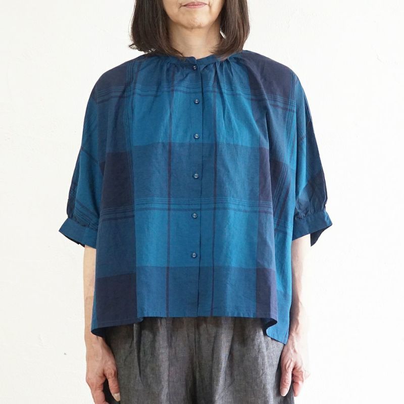 Branch m‘.,ブランチエム,ナチュラル,30代,40代,50代,60代,リネン,ゆったり,blouse,ブラウス,半袖,チェック,チェック柄,チェック柄ブラウス,コットンリネン,コットンリネンブラウス,ドルマン,ドルマンブラウス