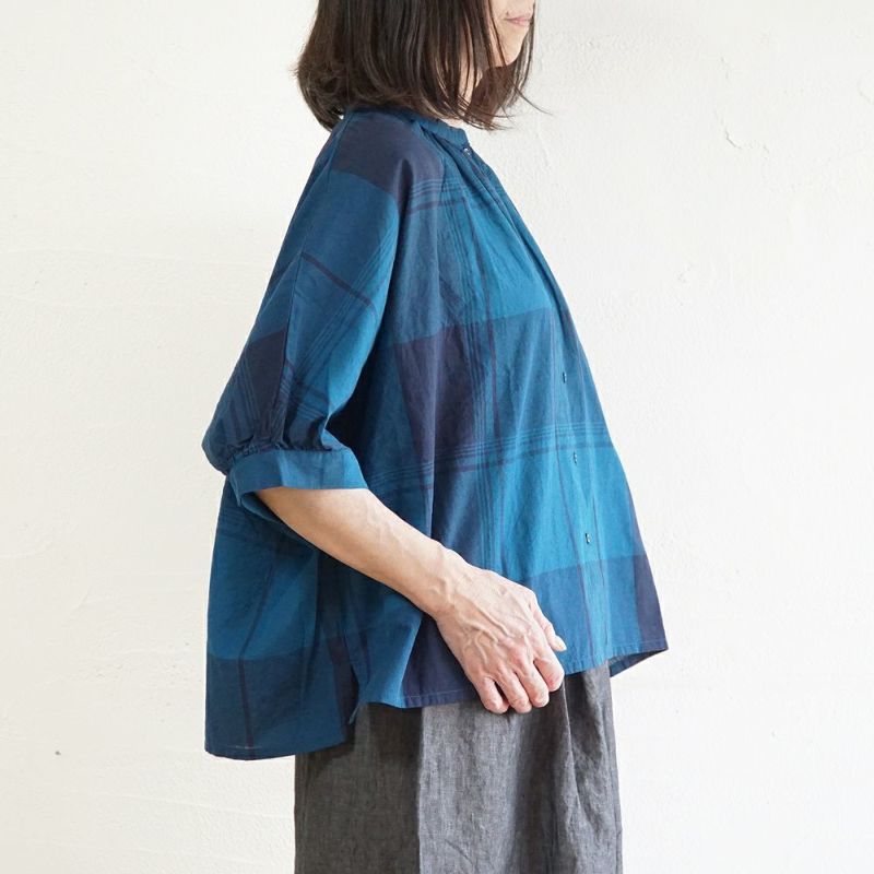 Branch m‘.,ブランチエム,ナチュラル,30代,40代,50代,60代,リネン,ゆったり,blouse,ブラウス,半袖,チェック,チェック柄,チェック柄ブラウス,コットンリネン,コットンリネンブラウス,ドルマン,ドルマンブラウス