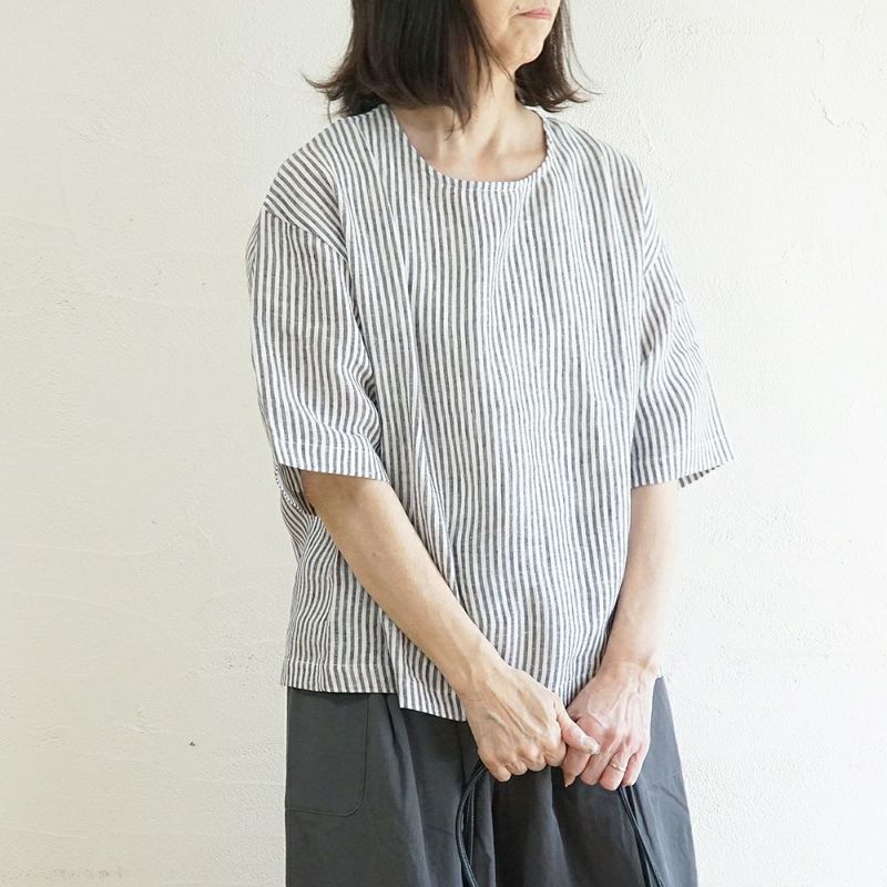 Branch m‘.,ブランチエム,ナチュラル,30代,40代,50代,60代,リネン,ゆったり,blouse,ブラウス,プルオーバー,５分袖プルオーバー,５分袖,ストライプ,ストライプブラウス,ストライプシャツ,リラックス,リラックスプルオーバー