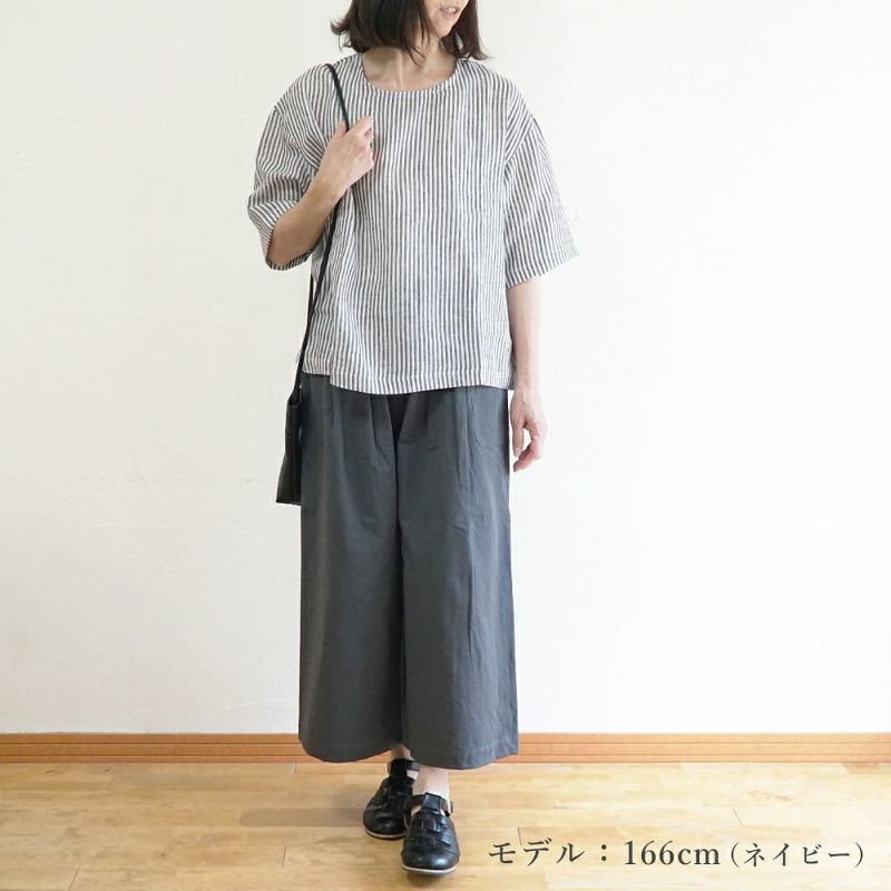 Branch m‘.,ブランチエム,ナチュラル,30代,40代,50代,60代,リネン,ゆったり,blouse,ブラウス,プルオーバー,５分袖プルオーバー,５分袖,ストライプ,ストライプブラウス,ストライプシャツ,リラックス,リラックスプルオーバー