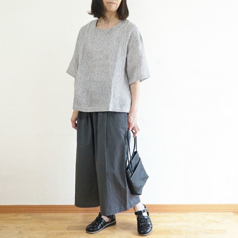 Branch m‘.,ブランチエム,ナチュラル,30代,40代,50代,60代,リネン,ゆったり,blouse,ブラウス,プルオーバー,５分袖プルオーバー,５分袖,ストライプ,ストライプブラウス,ストライプシャツ,リラックス,リラックスプルオーバー