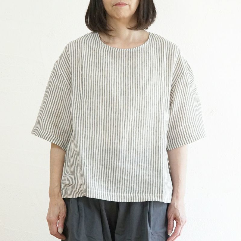 Branch m‘.,ブランチエム,ナチュラル,30代,40代,50代,60代,リネン,ゆったり,blouse,ブラウス,プルオーバー,５分袖プルオーバー,５分袖,ストライプ,ストライプブラウス,ストライプシャツ,リラックス,リラックスプルオーバー