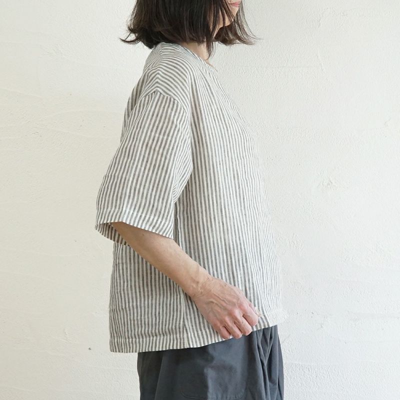 Branch m‘.,ブランチエム,ナチュラル,30代,40代,50代,60代,リネン,ゆったり,blouse,ブラウス,プルオーバー,５分袖プルオーバー,５分袖,ストライプ,ストライプブラウス,ストライプシャツ,リラックス,リラックスプルオーバー