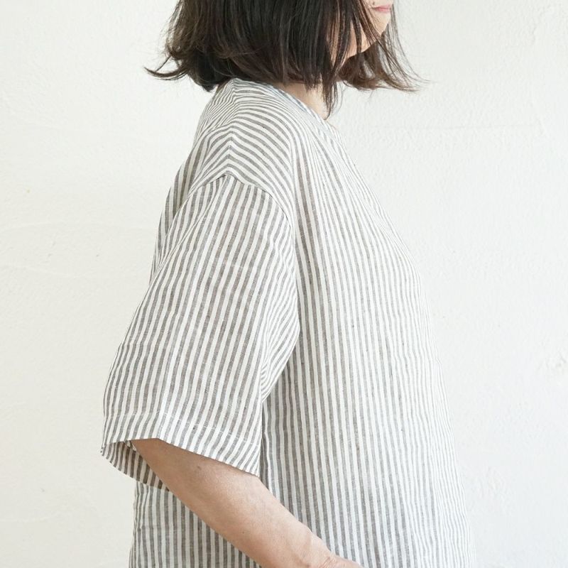 Branch m‘.,ブランチエム,ナチュラル,30代,40代,50代,60代,リネン,ゆったり,blouse,ブラウス,プルオーバー,５分袖プルオーバー,５分袖,ストライプ,ストライプブラウス,ストライプシャツ,リラックス,リラックスプルオーバー