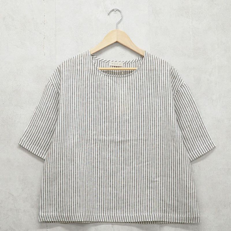 Branch m‘.,ブランチエム,ナチュラル,30代,40代,50代,60代,リネン,ゆったり,blouse,ブラウス,プルオーバー,５分袖プルオーバー,５分袖,ストライプ,ストライプブラウス,ストライプシャツ,リラックス,リラックスプルオーバー