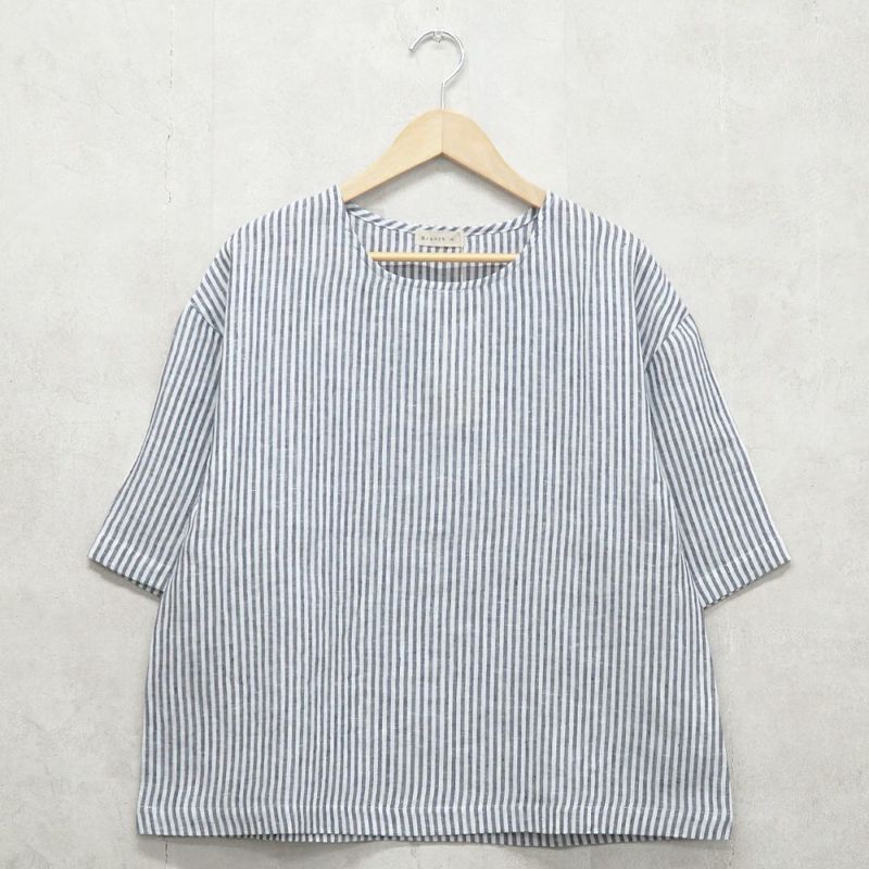 Branch m‘.,ブランチエム,ナチュラル,30代,40代,50代,60代,リネン,ゆったり,blouse,ブラウス,プルオーバー,５分袖プルオーバー,５分袖,ストライプ,ストライプブラウス,ストライプシャツ,リラックス,リラックスプルオーバー