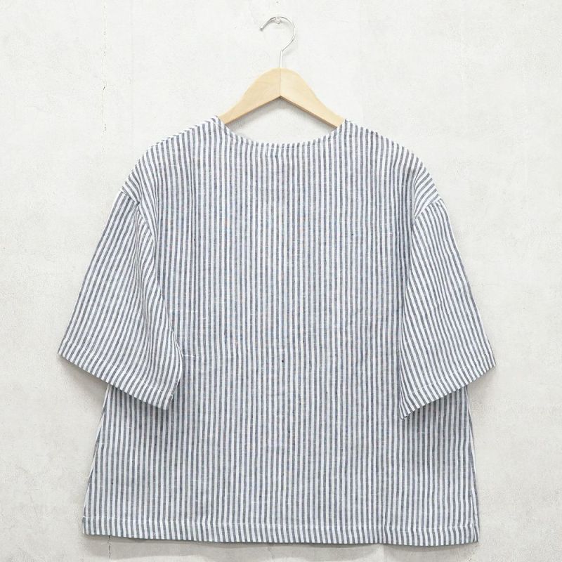 Branch m‘.,ブランチエム,ナチュラル,30代,40代,50代,60代,リネン,ゆったり,blouse,ブラウス,プルオーバー,５分袖プルオーバー,５分袖,ストライプ,ストライプブラウス,ストライプシャツ,リラックス,リラックスプルオーバー