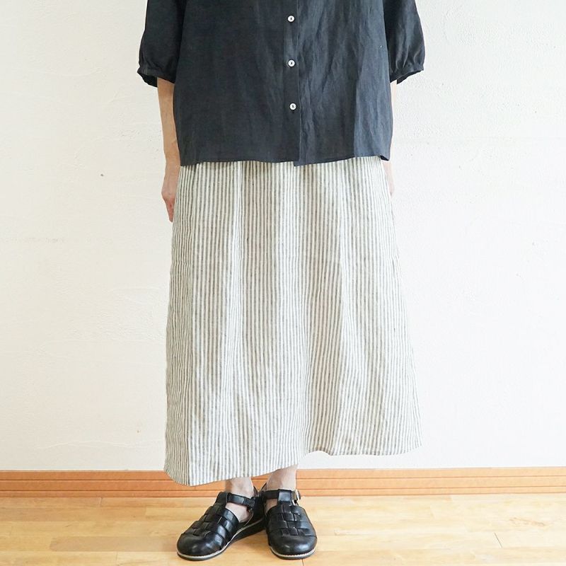 Branch m‘.,ブランチエム,ナチュラル,30代,40代,50代,60代,リネン,ゆったり,スカート,リネンスカート,ストライプ,ストライプスカート,リラックススカート,ギャザースカート,フレアスカート