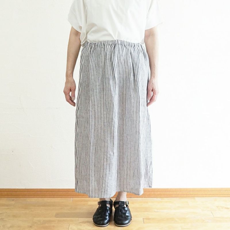 Branch m‘.,ブランチエム,ナチュラル,30代,40代,50代,60代,リネン,ゆったり,スカート,リネンスカート,ストライプ,ストライプスカート,リラックススカート,ギャザースカート,フレアスカート