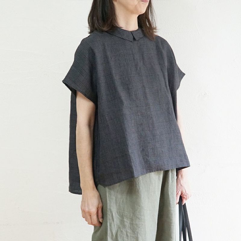 Branch m‘.,ブランチエム,ナチュラル,30代,40代,50代,60代,リネン,ゆったり,blouse,ブラウス,半袖,チェック,チェック柄,チェック柄ブラウス,リネンブラウス,フレンチスリーブ,チビ衿,ストライプ