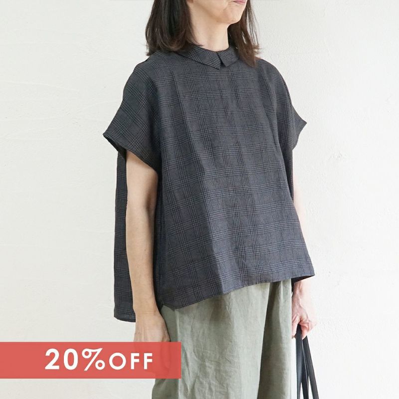 Branch m‘.,ブランチエム,ナチュラル,30代,40代,50代,60代,リネン,ゆったり,blouse,ブラウス,半袖,チェック,チェック柄,チェック柄ブラウス,リネンブラウス,フレンチスリーブ,チビ衿,ストライプ