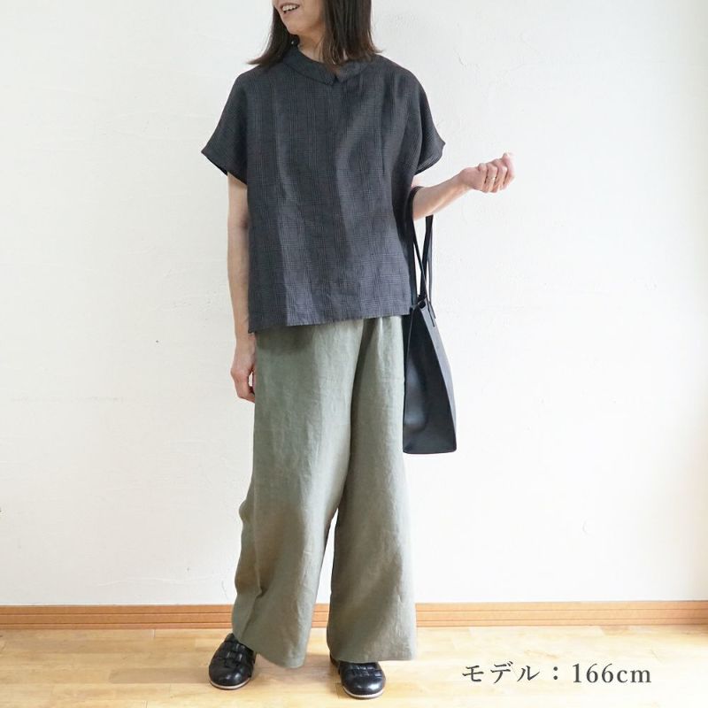 Branch m‘.,ブランチエム,ナチュラル,30代,40代,50代,60代,リネン,ゆったり,blouse,ブラウス,半袖,チェック,チェック柄,チェック柄ブラウス,リネンブラウス,フレンチスリーブ,チビ衿,ストライプ