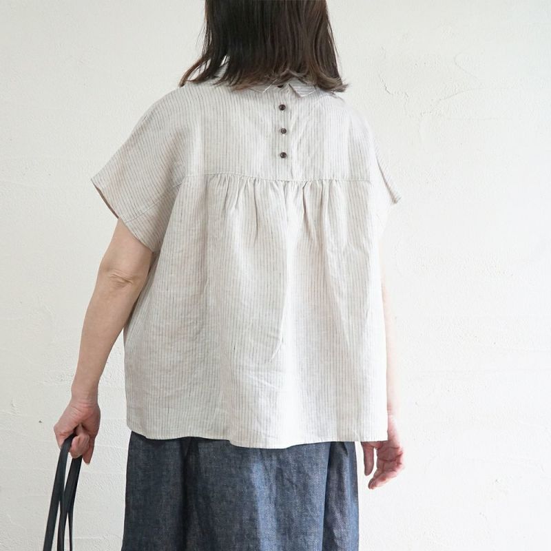 Branch m‘.,ブランチエム,ナチュラル,30代,40代,50代,60代,リネン,ゆったり,blouse,ブラウス,半袖,チェック,チェック柄,チェック柄ブラウス,リネンブラウス,フレンチスリーブ,チビ衿,ストライプ