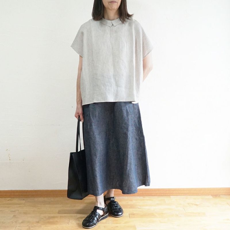 Branch m‘.,ブランチエム,ナチュラル,30代,40代,50代,60代,リネン,ゆったり,blouse,ブラウス,半袖,チェック,チェック柄,チェック柄ブラウス,リネンブラウス,フレンチスリーブ,チビ衿,ストライプ