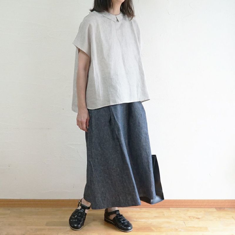 Branch m‘.,ブランチエム,ナチュラル,30代,40代,50代,60代,リネン,ゆったり,blouse,ブラウス,半袖,チェック,チェック柄,チェック柄ブラウス,リネンブラウス,フレンチスリーブ,チビ衿,ストライプ