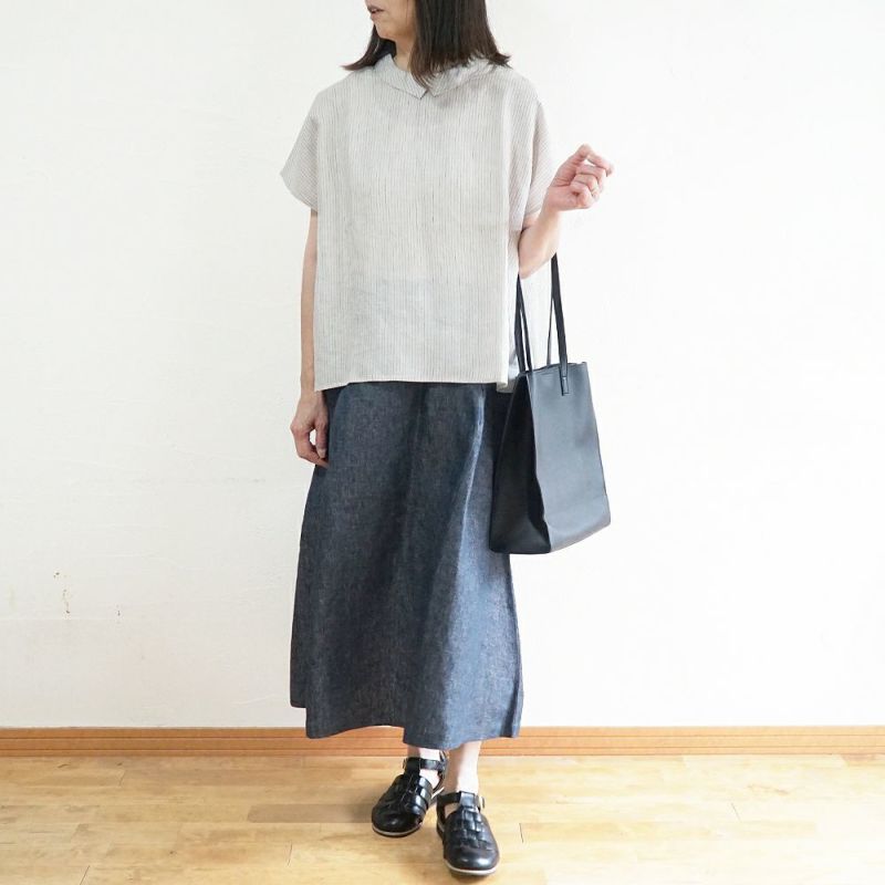 Branch m‘.,ブランチエム,ナチュラル,30代,40代,50代,60代,リネン,ゆったり,blouse,ブラウス,半袖,チェック,チェック柄,チェック柄ブラウス,リネンブラウス,フレンチスリーブ,チビ衿,ストライプ