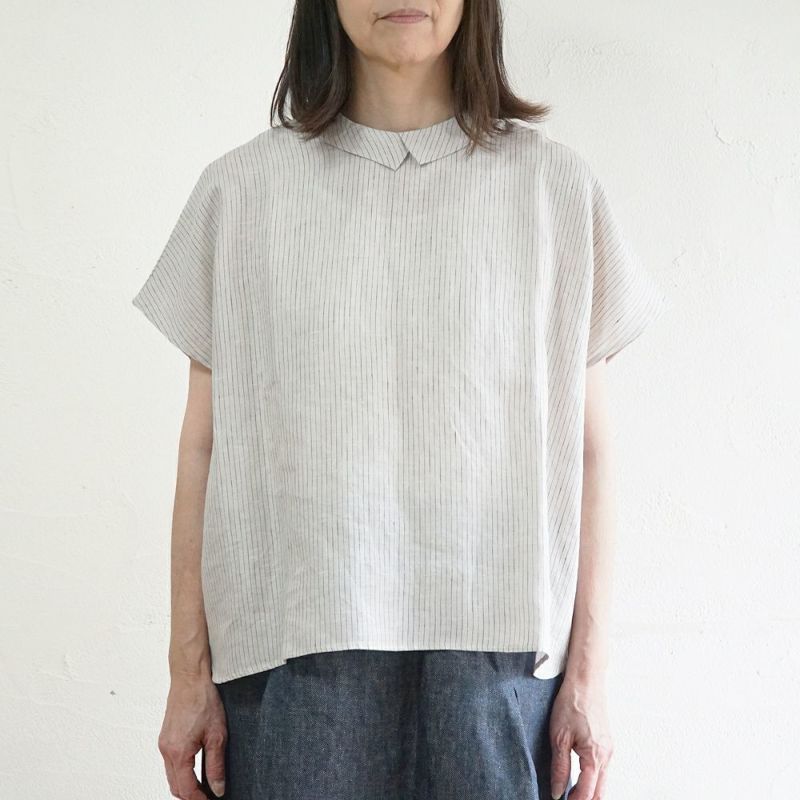 Branch m‘.,ブランチエム,ナチュラル,30代,40代,50代,60代,リネン,ゆったり,blouse,ブラウス,半袖,チェック,チェック柄,チェック柄ブラウス,リネンブラウス,フレンチスリーブ,チビ衿,ストライプ
