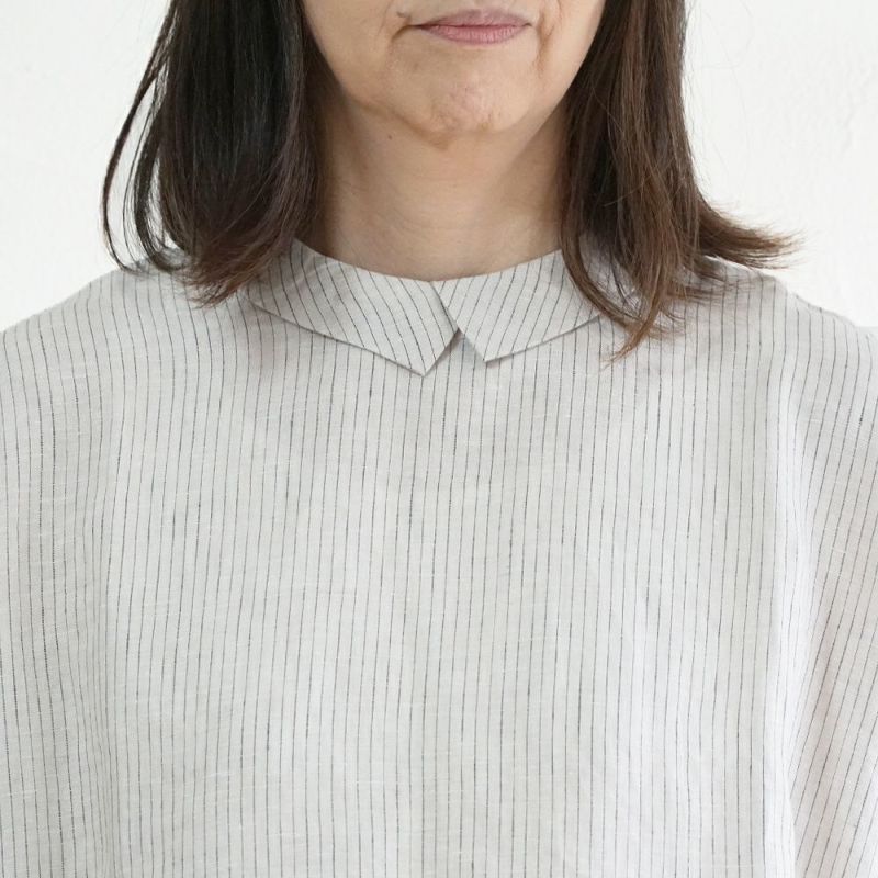 Branch m‘.,ブランチエム,ナチュラル,30代,40代,50代,60代,リネン,ゆったり,blouse,ブラウス,半袖,チェック,チェック柄,チェック柄ブラウス,リネンブラウス,フレンチスリーブ,チビ衿,ストライプ