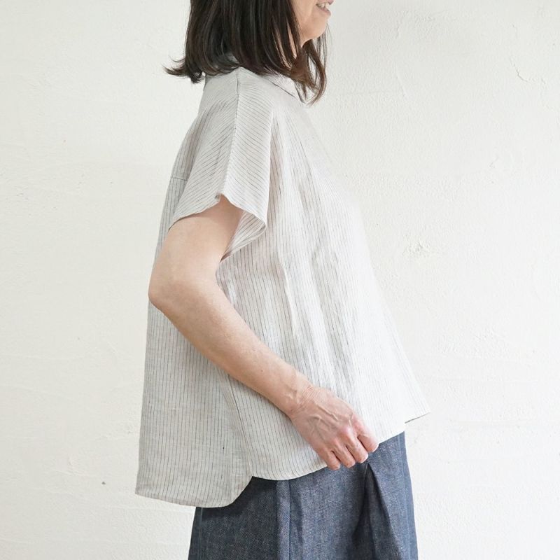 Branch m‘.,ブランチエム,ナチュラル,30代,40代,50代,60代,リネン,ゆったり,blouse,ブラウス,半袖,チェック,チェック柄,チェック柄ブラウス,リネンブラウス,フレンチスリーブ,チビ衿,ストライプ