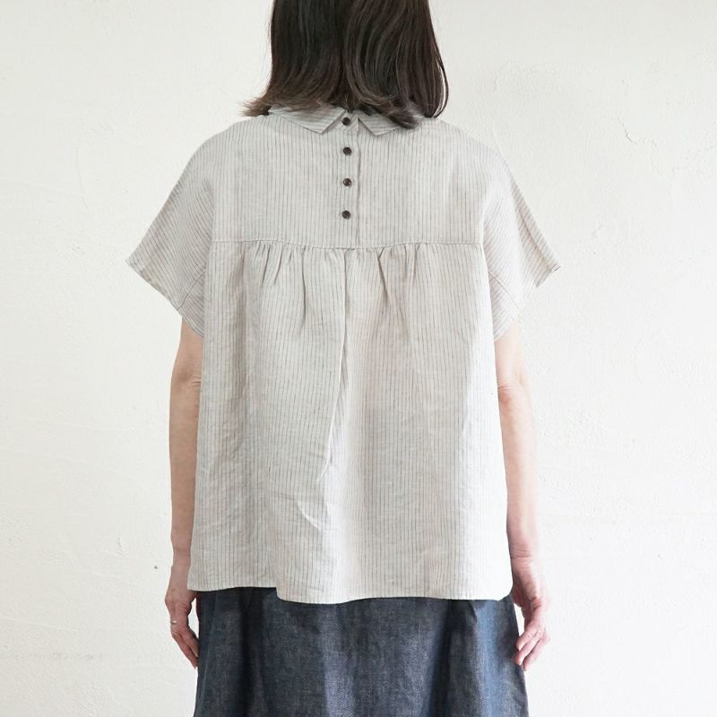 Branch m‘.,ブランチエム,ナチュラル,30代,40代,50代,60代,リネン,ゆったり,blouse,ブラウス,半袖,チェック,チェック柄,チェック柄ブラウス,リネンブラウス,フレンチスリーブ,チビ衿,ストライプ