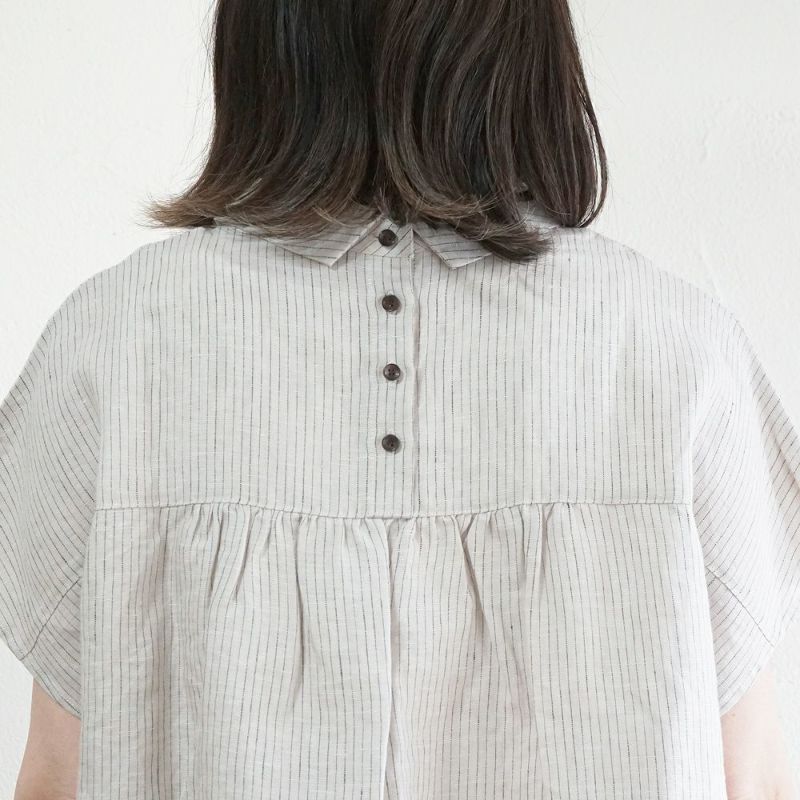 Branch m‘.,ブランチエム,ナチュラル,30代,40代,50代,60代,リネン,ゆったり,blouse,ブラウス,半袖,チェック,チェック柄,チェック柄ブラウス,リネンブラウス,フレンチスリーブ,チビ衿,ストライプ