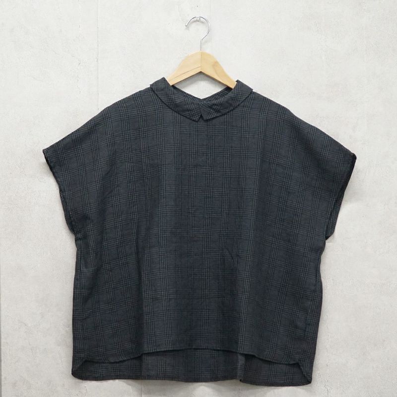 Branch m‘.,ブランチエム,ナチュラル,30代,40代,50代,60代,リネン,ゆったり,blouse,ブラウス,半袖,チェック,チェック柄,チェック柄ブラウス,リネンブラウス,フレンチスリーブ,チビ衿,ストライプ