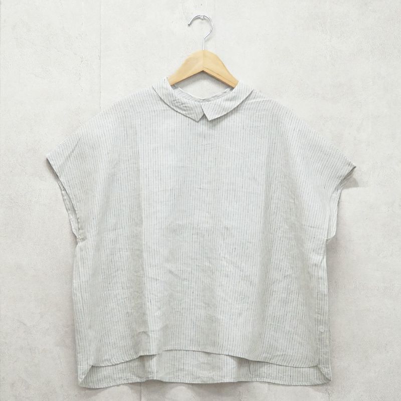 Branch m‘.,ブランチエム,ナチュラル,30代,40代,50代,60代,リネン,ゆったり,blouse,ブラウス,半袖,チェック,チェック柄,チェック柄ブラウス,リネンブラウス,フレンチスリーブ,チビ衿,ストライプ