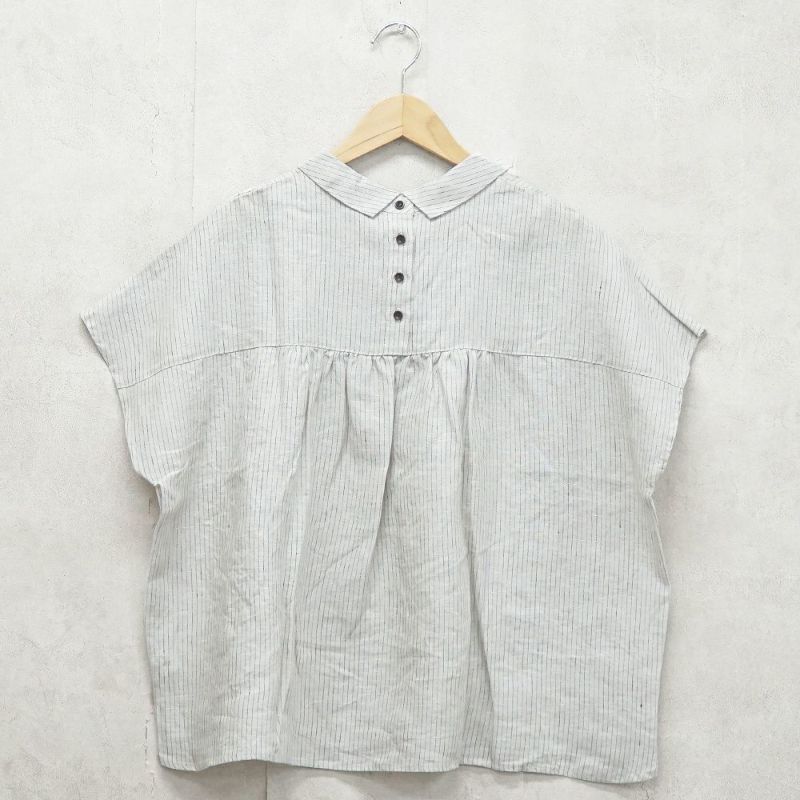 Branch m‘.,ブランチエム,ナチュラル,30代,40代,50代,60代,リネン,ゆったり,blouse,ブラウス,半袖,チェック,チェック柄,チェック柄ブラウス,リネンブラウス,フレンチスリーブ,チビ衿,ストライプ