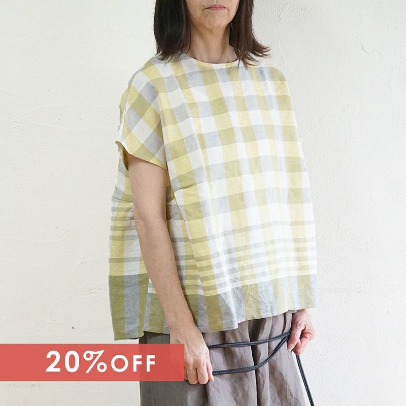 Branch m‘.,ブランチエム,ナチュラル,30代,40代,50代,60代,リネン,ゆったり,blouse,ブラウス,半袖,チェック,チェック柄,チェック柄ブラウス,リネンブラウス,フレンチスリーブ,パネルチェック,パネルチェックブラウス,プルオーバーブラウス,プルオーバー